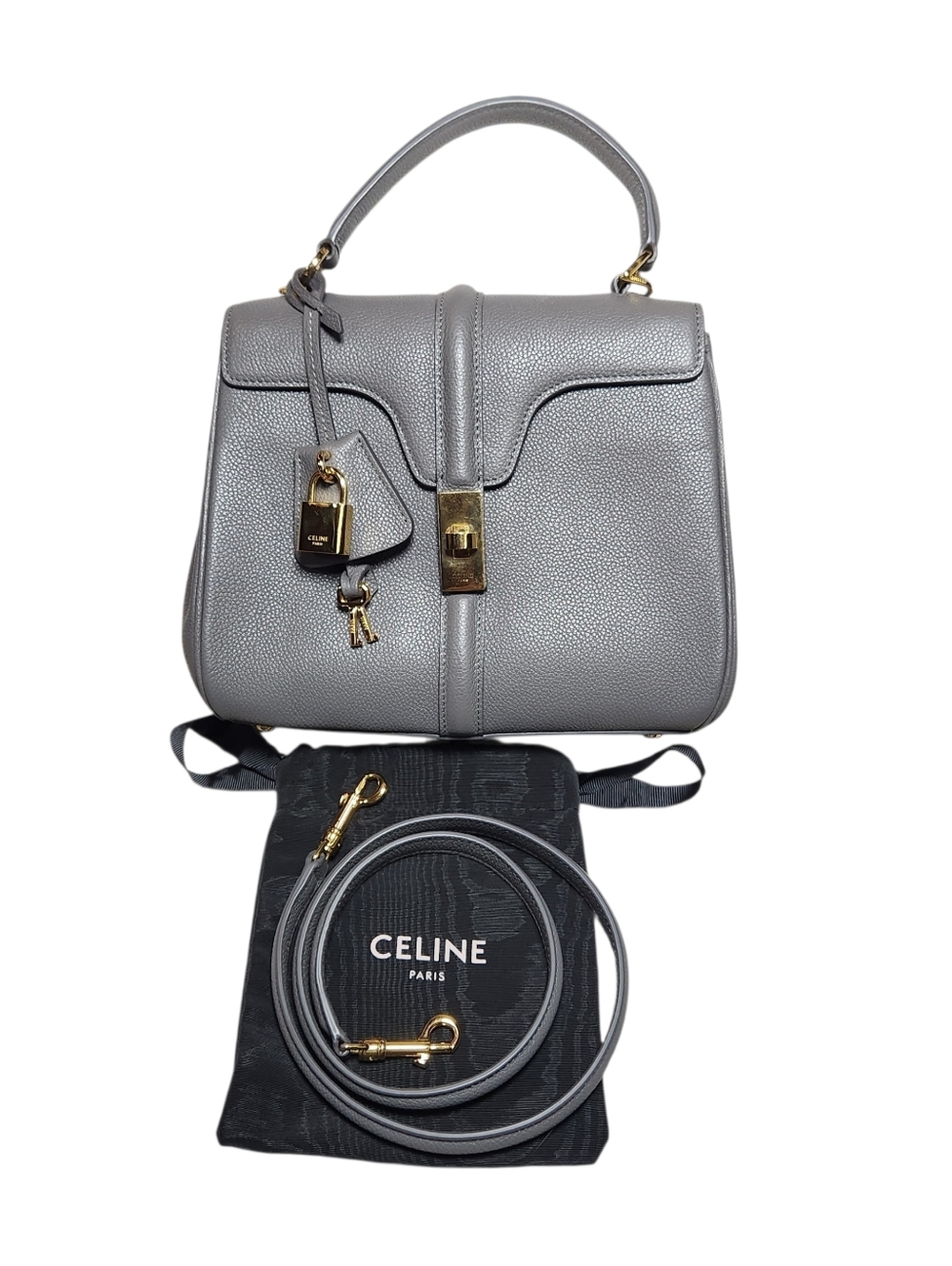 Celine 16 Top Handle Bag Grey Pebble Leather Small Crossbody Grained Calfskin